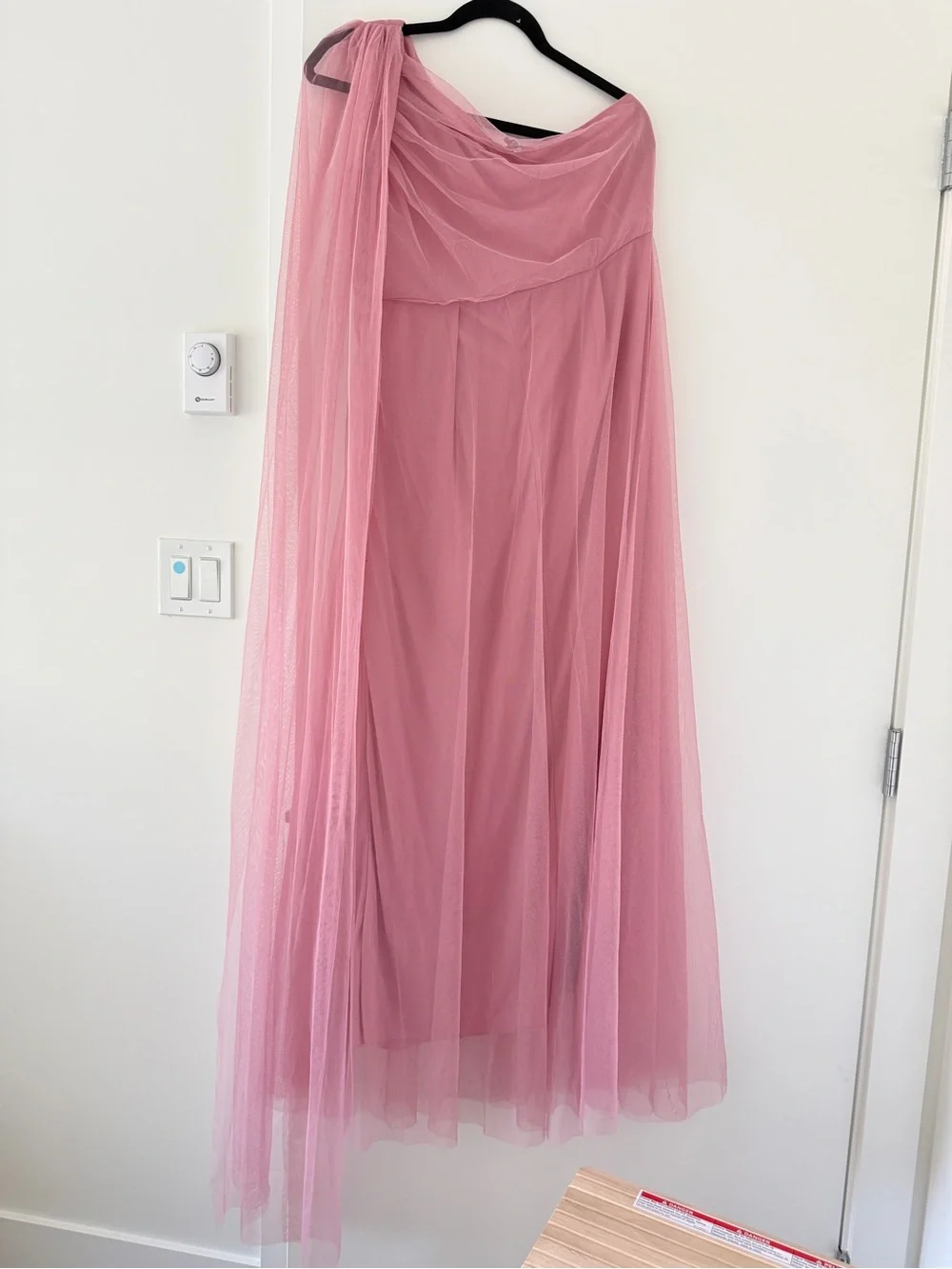 Pink One-Shoulder Tulle Gown with Draped Cape - Picture 2 of 4
